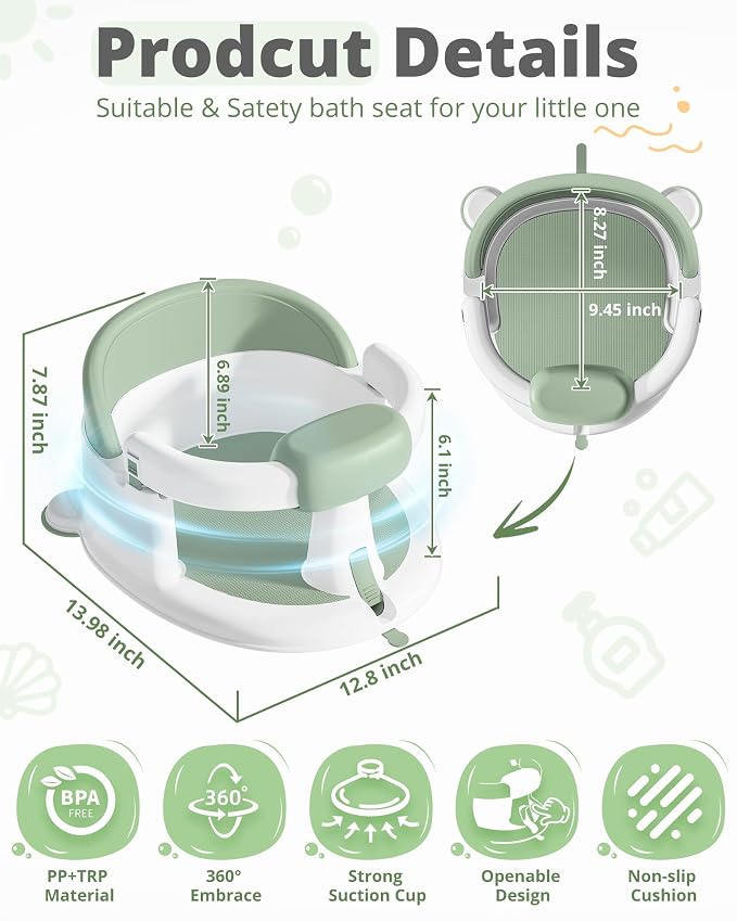 ONTHEWEI Baby Bath Seats for Babies Sitting Up, Non-Slip Baby Bathtub with 3 Suction Cups, Safe & Comfortable Toddler Bath Seat Ideal for Baby Bath/Shower Support, Stable Design, Mist Green