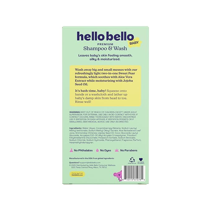 Hello Bello Sweet Pear Shampoo & Body Wash, Hypoallergenic, Dermatologist & Pediatrician Tested Formula for Babies & Kids, 20 FL Oz (Pack of 2)
