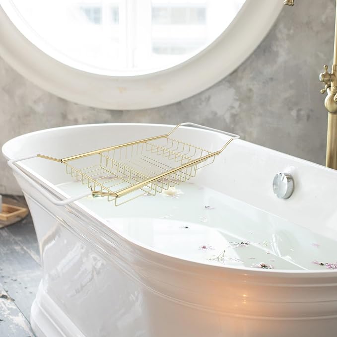 Sewroro Stainless Steel Bathtub Tray Telescopic Bath Rack Storage Organizer Over Tub Tray for Home Bathing Phone Holder (Golden)