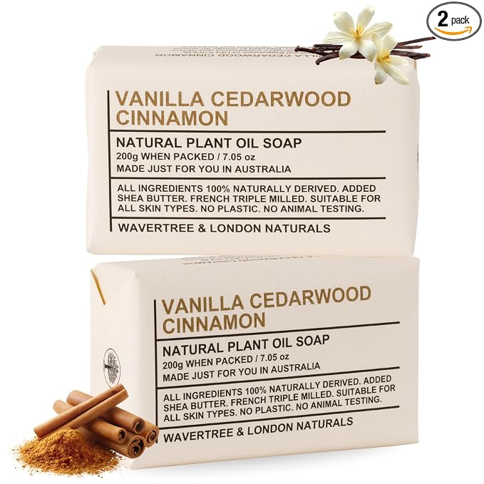 Wavertree & London Vanilla Cedarwood Scented Natural Soap Bars (2 Bars), 7oz Moisturizing French Triple Milled Soap enriched with shea butter - Plant Oil Bath & Body Soap Bars [100% Naturally derived]