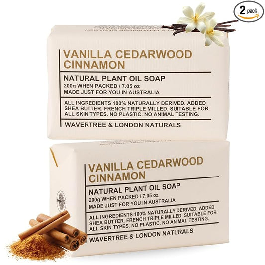 Wavertree & London Vanilla Cedarwood Scented Natural Soap Bars (2 Bars), 7oz Moisturizing French Triple Milled Soap enriched with shea butter - Plant Oil Bath & Body Soap Bars [100% Naturally derived]