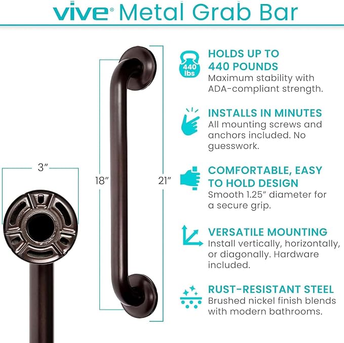 Vive Grab Bar for Showers - Bathroom Antislip Handrail for Seniors, Elderly Assistance Product, Heavy Duty Shower Handles, Handicap Grab Bars, Stainless Steel, Multipurpose, 440 lbs
