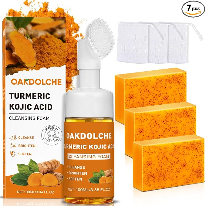 3Pcs Turmeric Wash Set-Turmeric Face Wash with Brush, 3 Turmeric Kojic Acid Soap Bars, 3 Foaming Nets, Deep Cleansing for Face & Body Cleanser