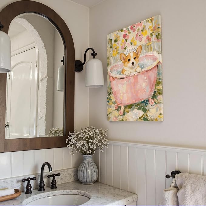 Cute Corgi Bath Time Wall Art Whimsical Floral Bathroom Poster Textured Oil Painting Print of Puppy in Pink Tub Aesthetic Wall Decor for Powder Room Apartment Pet Lover 16X24 in Unframed