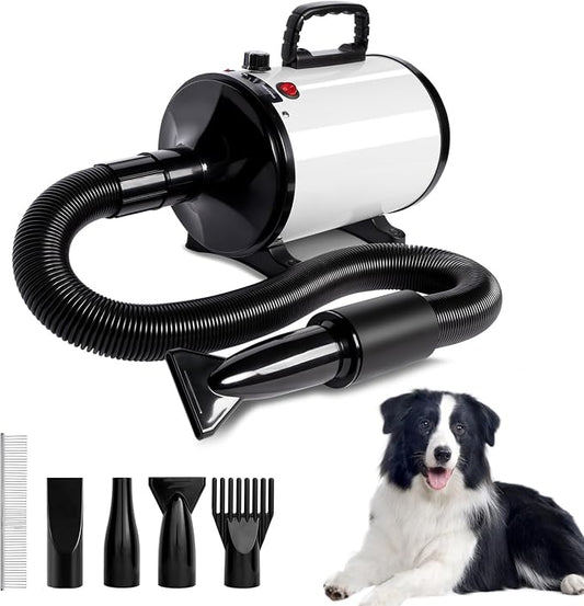 IVY&LANE Dog Dryer for Grooming,High Velocity Dog Hair Dryer Force Blower with 4 Nozzles,Adjustable Speed Pet Blow Dryer,Noise Reduction,Heat Insulation,White
