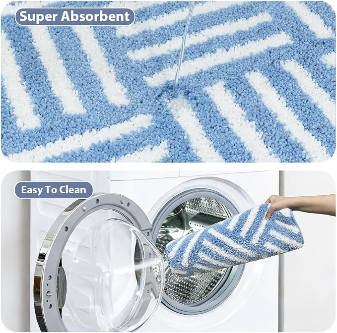 ORTIGIA Striped Blue Bathroom Rugs Non Slip Washable, 20x30 Quick Dry Absorbent Soft Plush Microfiber Bath Mats, Bath Rugs for Bathroom Floor Carpet for Sink Bedroom