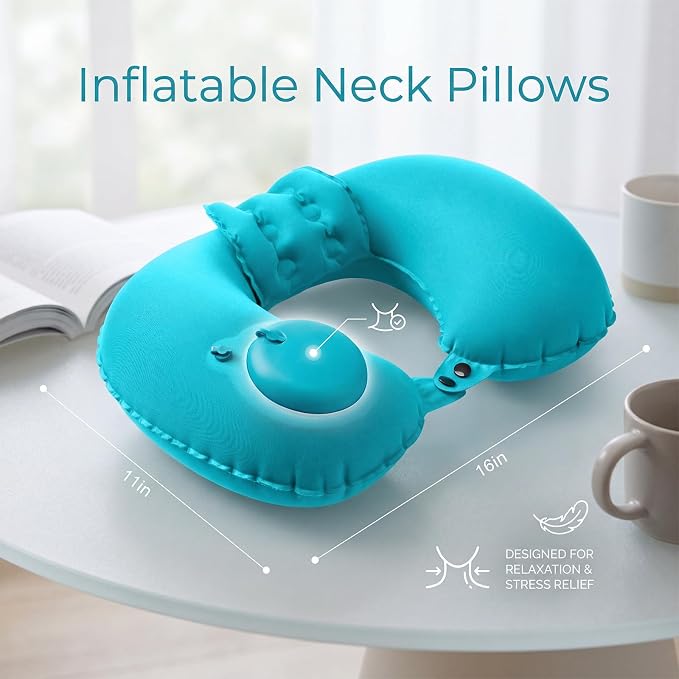 Colingmill 2 Pcs Inflatable Bath Pillows for Tub, U-Shaped Neck & Head Support Cushion, Portable Blow Up Travel Neck Pillow with Adjustable Button for Airplanes & Home Spa(Grey, Peacock Blue)