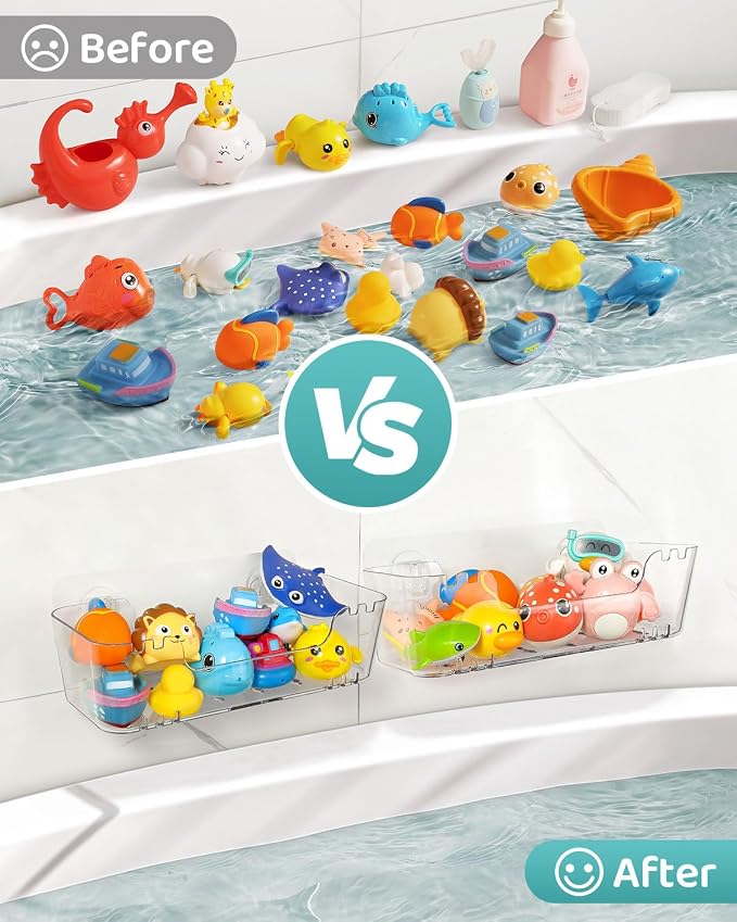 Bath Toy Storage Organizer 2 Pack, Transparent Bath Toy Holder with Drain Holes, Durable Plastic Bathtub Toy Storage for Bathroom, Quick-Dry Drainable Shower Caddy, Easy to Clean and Install