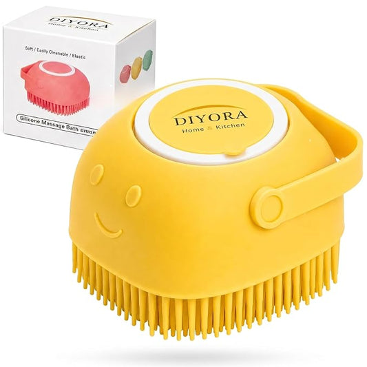 DIYORA Pet Shampoo Brush, 2-in-1 Silicone Bath Brush with Soap Dispenser for Dogs & Cats, Grooming, Massaging, Shedding & Deep Cleaning Tool for Short Hair, Long Hair & Small Pets(Yellow)
