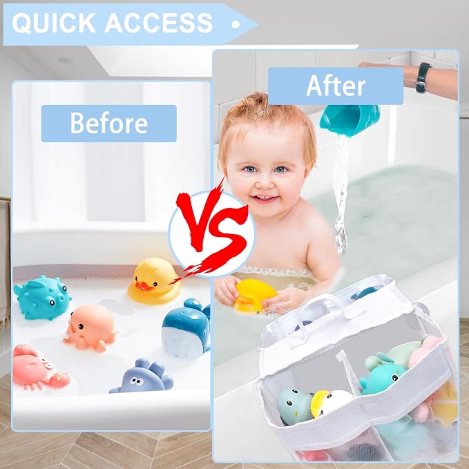 Cerpourt Baby Bath Toys Storage, Saddle Shape 4 Compartment Mesh Bath Toy Organizer, Quick Access Bathtub Toy Holder, Quick Dry Plastic & Polyester Material