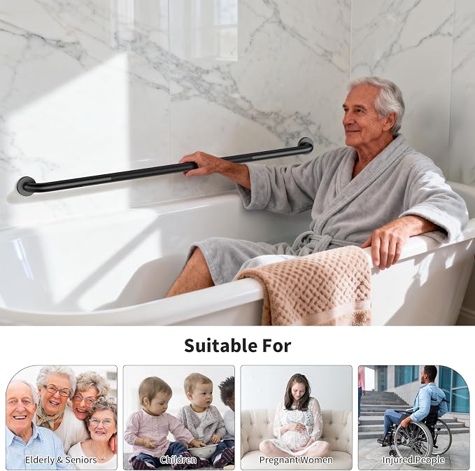 48 Inch Anti Slip Shower Grab Bar, Munzong Bathroom Grab Bar for Wall, Black Knurled Handicap Balance Bar,Safety Hand Rail Support Elderly Senior Assist Bath Handle