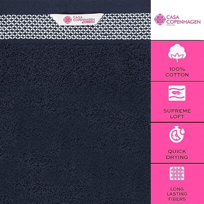 CASA COPENHAGEN Solitaire 2Pcs 100% Egyptian Cotton Large Designer Bathsheet Towels Set- Navy Blue, 600GSM, 35"x70" 2Bath Sheet Towels for Bathroom Gift Set for Women & Men