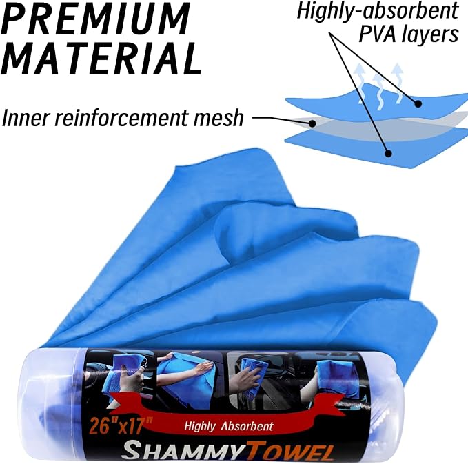 Shammy Cloth 2 Pack | Super Absorbent Synthetic Chamois, 26x17, for Car, Bathroom, Pets, Dust, Reusable Non-Scratch, Yellow & Blue