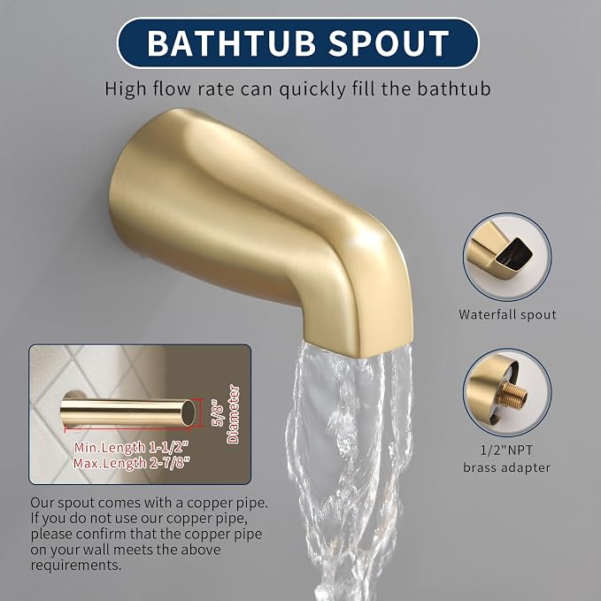 3 Handle Shower Faucet Set with Tub Spout Bathtub Shower Faucet Combo Set Shower System Complete Tub and Shower Trim Kit Shower Fixture Brushed Gold