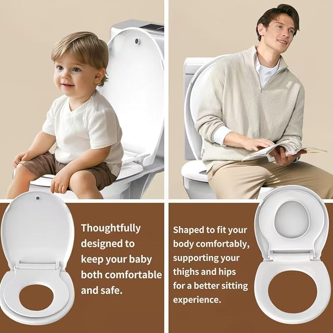 Round Toilet Seat with Built-In Toddler Seat, 2-in-1 Potty Training Toilet Seat for Adults & Kids, Soft Close, Magnetic Child Seat, Quick Release & Easy Clean, Fits Standard Round Toilets, White