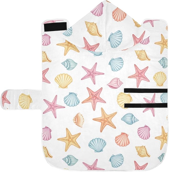 Beach Seashells White Starfish Printing Dog Bathrobe Towel Super Absorbent Dog Drying Coat for Drying Dogs, M