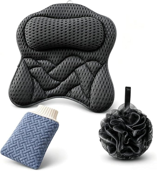 Bath Pillow for Tub,3D Mesh Neck Support,Non-Slip Suction Cups,Grey | Butterfly Design Bathtub Pillow with Bath Puff,for Head Neck Shoulder,Fast Drying,Machine Washable,Shower Gift for Adult