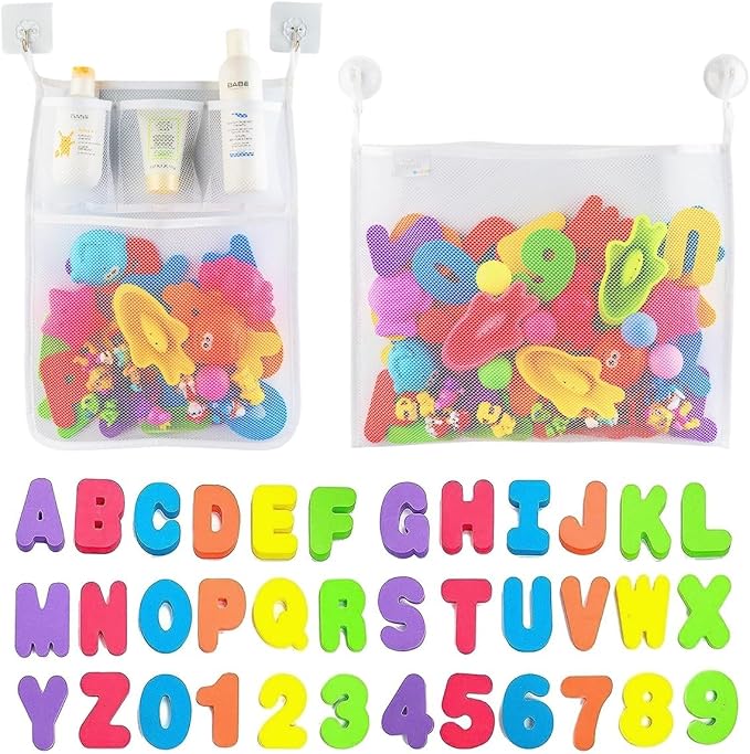 Comfylife 2 x Mesh Bath Toy Organizer + 6 Ultra Strong Hooks + 36 Bath Letters & Numbers – Eco-Safe, Fun, Educational Foam Letters and Perfect Toy Storage Net for Baby Bath Toys & More