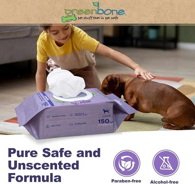 Greenbone Pet Dog Wipes French Lavender Natural for Grooming Paws, Body and Butt, Cleaning Deodorizing