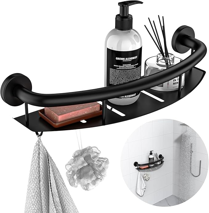 Black 18-inch Safety Grab Bar with Storage Shelf for Bathtub or Shower, Drainage Holes, Stainless Steel, Wall Mounted Grab Bars for Elderly Injured Balance Support