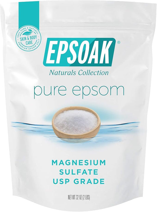 Epsoak Epsom Salt 2 lb. Magnesium Sulfate USP. Resealable Epsom Salt Bag Unscented, Made in The USA, Cruelty-Free Certified