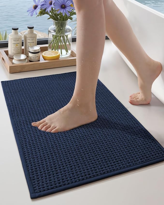 Color&Geometry Rubber Backed Waffle Bath Mat 30x17, Non Slip Water Washable Bathroom Rugs, Soft Absorbent Chenille Boho Carpet for Bathroom Floor, Tub and Shower, Dark Blue