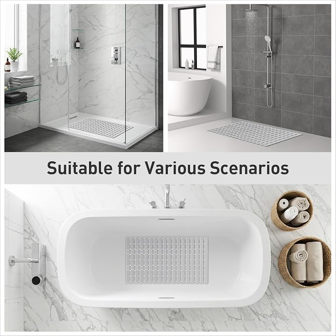 XIYUNTE Shower Mat Non Slip Bath Mat for Tub - 27 X 16 Inch TPE Bathtub Mat Non Slip Shower Mats for Inside Shower, Bath Tub Mat with Powerful Suction Cup, Easy to Cut and Dry, Light Grey