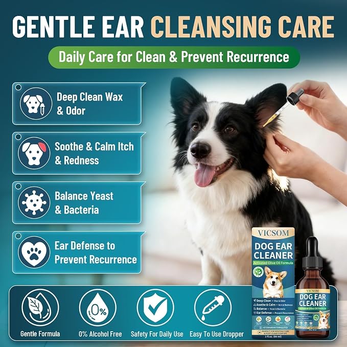 VICSOM Dog Ear Infection Treatment Drops, Natural Dog Ear Cleaner Ear Drops for Itch Relief, Support Wax, Odor & Yeast Infection, Dog Ear Cleaning Solution with Ozonated Olive Oil, 60ml