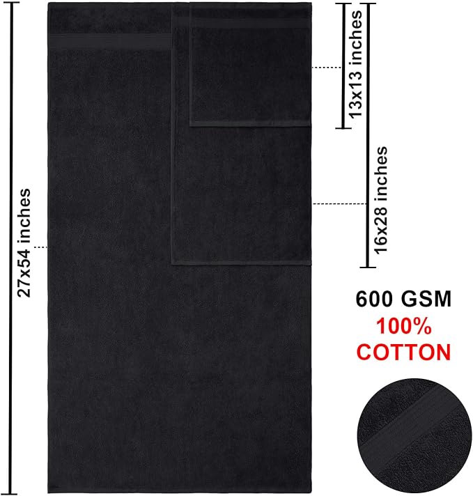 American Bath Towels 100% Cotton 6 Piece Turkish Towel Set, Ultra Soft Absorbent Bathroom Towels, 2 Bath Towel 2 Hand Towels 2 Washcloths, Black