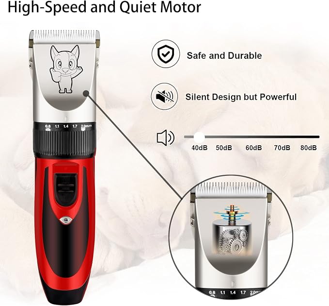 Highdas Dog Clippers for Grooming Low Noise, Cordless Electric Dog Grooming Kit Clippers Rechargeable, Quiet Dog Shaver, Pet Hair Trimmer Kit for Dogs & Cats (Red)