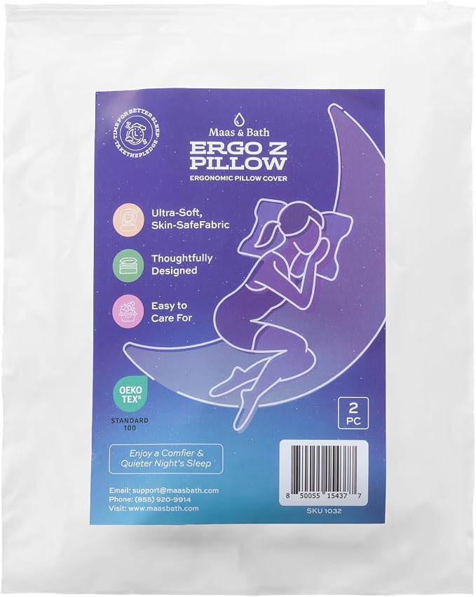 Maas & Bath Ergo Z Pillowcase - Premium Breathable Pillow Case for Quality Sleep, Made with Machine Washable Non-Peeling Cotton Fabric, Easy-Open Hidden Zipper, Non-Toxic & Odorless (2 Pack)