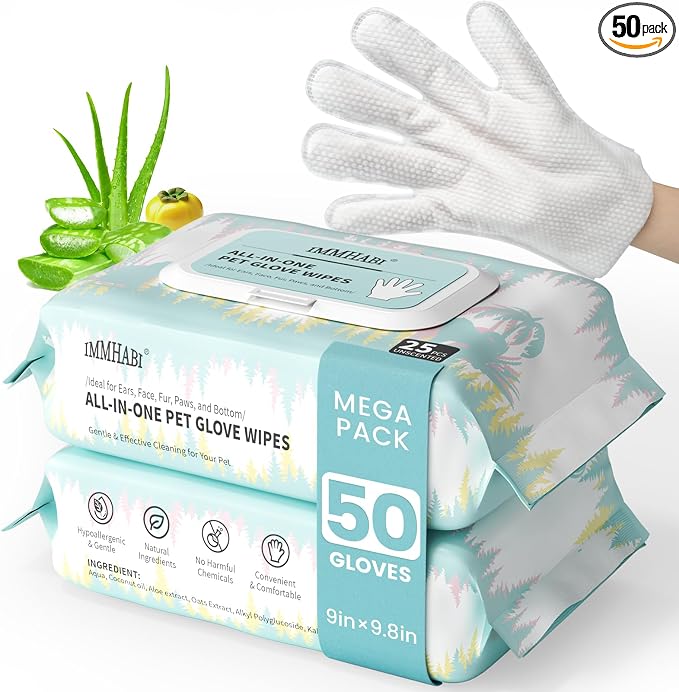 IMMHABI 50 Count Cleaning Deodorizing Pet Glove Wipes for Dogs & Cats, Hypoallergenic Dog Bath Wipes with Natural Deodorizer Persimmon Tannin, Pet Bathing Wipes for Horse Coat Care Unscented