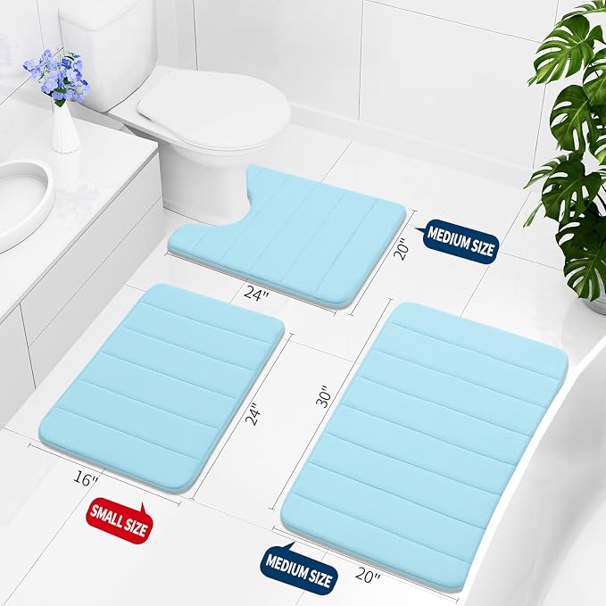 Buganda Memory Foam Bath Mat, 30" x 20", Ultra Soft Bathroom Rugs, Water Absorbent and Machine Washable Bath Rug for Bathroom, Shower, and Tub, Light Blue