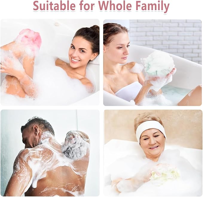 Rnoafmu Shower Loofah Bath Sponge, 60G Loofah Exfoliating Body Scrubber, 4 Color Mesh Shower Pouf Balls for Body Wash (Pink Green White Gray)