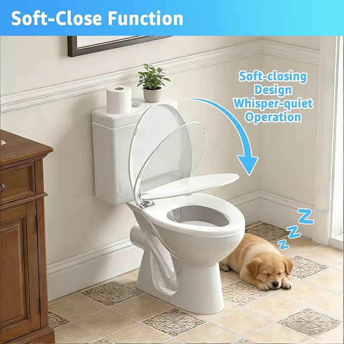 Huttdmel Elongated Toilet Seat 18.5", Soft Close Quiet Lid, Top & Bottom Mount, Never Loosen Hinges, Easy Install, Heavy Duty PP No Yellowing, Fits Standard Elongated Toilets, White