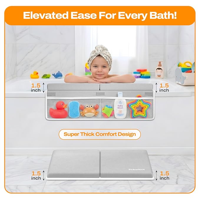 Bath Kneeler and Elbow Rest Pad Set-Baby Bath Kneeler with 1.5'' Comfortable Thick Memory Foam Cushion, Non-Slip Knee & Arm Support for Baby Bath Time,Foldable Bath Mat for Baby with Storage Pockets