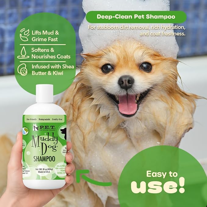 P.E.T. Muddy Dog Deep-Clean Shampoo — Shea Butter, Papaya & Kiwi Blend — 10 : 1 Concentrated Moisturizing, Degreasing & Deodorizing Formula — Cosmetic Grooming (Not a Pesticide) — 16 oz