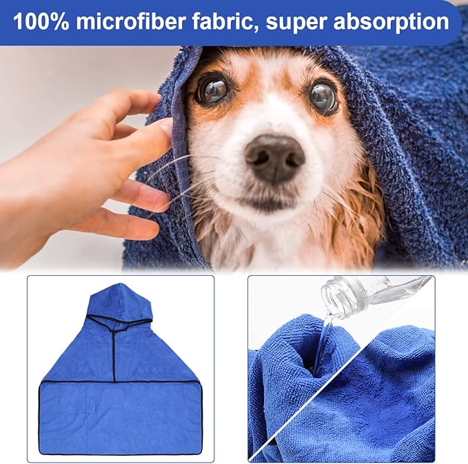 Dog Bathrobe Towel with Double Pocket, Wearable Dog Towel Super Absorbent Fast Drying, Soft Bath Robe with Hat and Belt for Medium Large Pet (Medium:Back Length 20"/50cm)