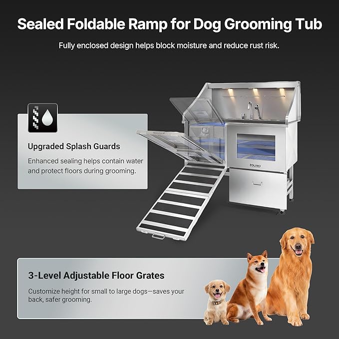 POLIMO Dog Washing Station with LED Display 50" (Left Ramp), 304 Stainless Steel Dog Bathtub for Large Medium Small Dogs, Professional Pet Grooming Tub with Faucet, Storage Drawer, Floor Grate, Window