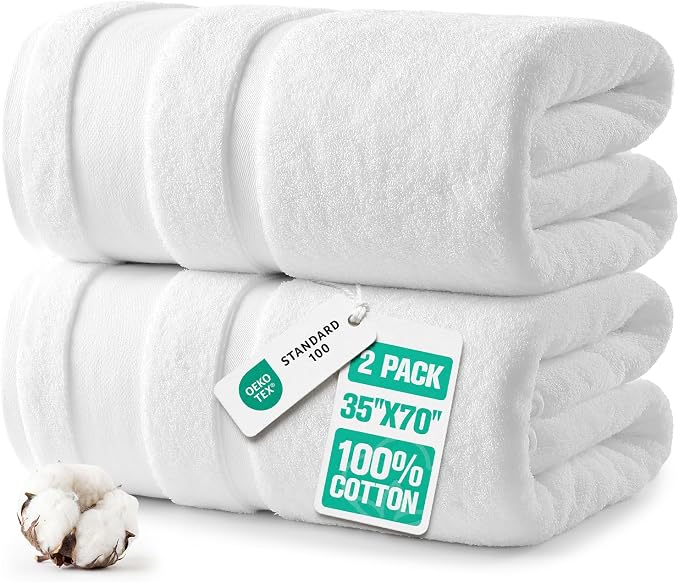 REDKISS 2 Pack Bath Towels Set, 35 X 70 Inches Oversized Bath Sheets, White | 100% Cotton, Ultra Soft, Super Absorbent, Quick Dry Large Bathroom Towels for Bathroom, Gym, Spa, Pool, Hotel & Family Use