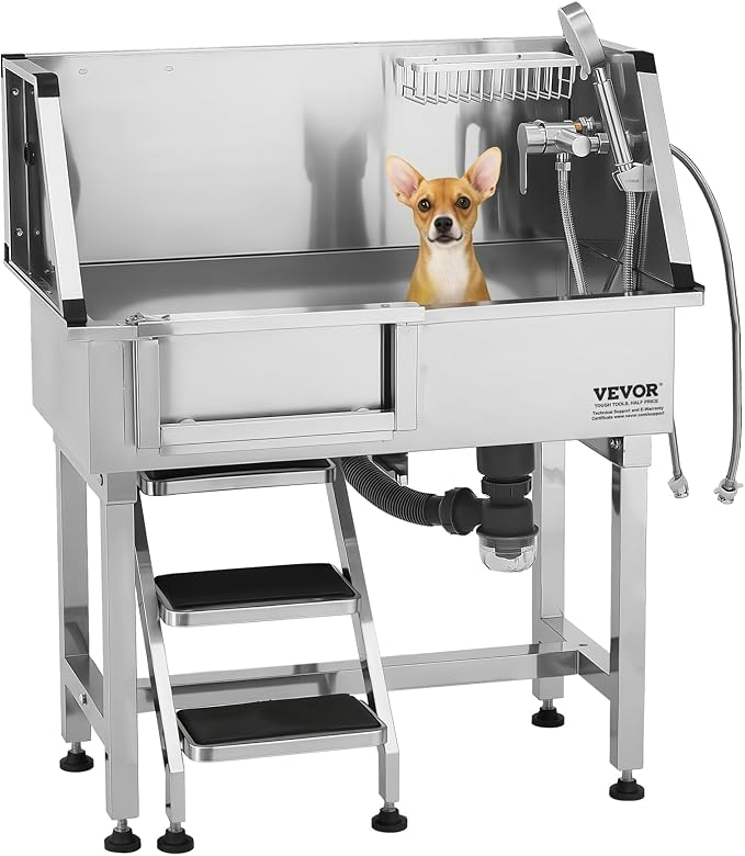 VEVOR Professional Dog Washing Station, 34 Inch Stainless Steel Pet Grooming Tub with Hot Cold Faucet, Adjustable Showerhead, Non-Slip Stairs & Side Sink, for Small to Medium Dogs and Cats (Left Door)