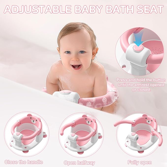 Baby Bath Seat for Babies 5-10 Months, Non-Slip Toddler Bath Seats for Babies Sitting Up, Safe Infant & Newborn Bathtub Chair with 4 Suction Cups & Soft Cushion for Shower,Pink