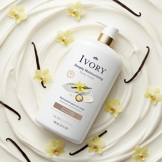 Ivory Body Wash, Deeply Moisturizing, 24hr Nourishing Hydration, Soothes Itchy Dry Skin, Made with Shea Butter Blend, Free of Dyes Heavy Perfumes Parabens & Phthalates, Vanilla Scent, 27 oz