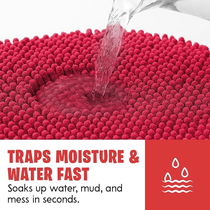 MUDGUARD MAT® Dog Door Mat for Muddy Paws, Super Absorbent Microfiber, Non-Slip Indoor Mat, Quick-Dry Chenille Rug for Pets & Entryway, Machine Washable, Red 16" x 24"