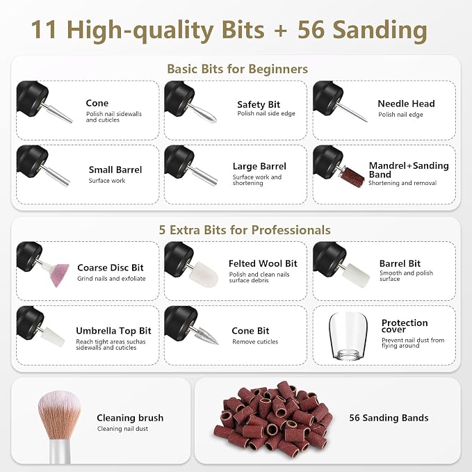 TUOBEO Cordless Nail Drill Electric Rechargeable File Kit, Professional Efile Acrylic Gel Nail Polish Remover Pedicure Manicure Machine Portable Set with 11 Bits 56 Sanding Bands for Salon Black