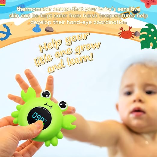 b&h Baby Bath Thermometer - Instant Read, Digital Water & Room Temp Reader, Safety Water Sensor for Infants, Color-Coded Alerts, Tub Temperature Monitor, Cute Floating Bath Toy, Crab (Green)