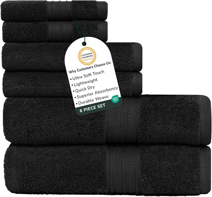 Feather & Stitch 100% Cotton 625 GSM Bath Towel Set of 6, Ultra Soft Highly Absorbent 2 Bath Towels, 2 Hand Towels & 2 Washcloth - Luxury Quick Dry Shower Towels (Black)