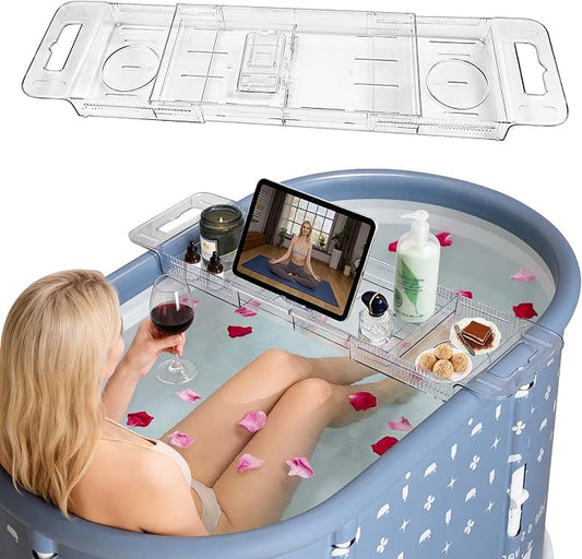 Foldable Bathtub Tray, Expandable to 80cm Acrylic Bath Tray for Tub, Bath Tub Tray Shower Storage Rack, Bath Table Trays for Bathtub (Transparent Bathtub Tray)