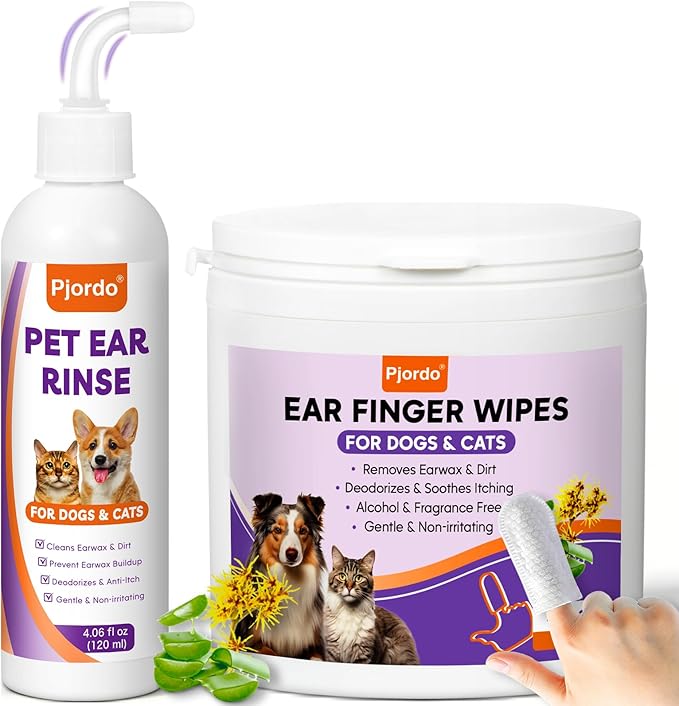 Pjordo Pet Ear Cleaner Set - Dog Ear Cleaner with Aloe Vera & Witch Hazel, Dog & Cat Ear Cleaner Solution for Soothing Ear Itching & Deodorize, Ear Wipes for Dogs & Cat Gently Removing Ear Wax & Dirt