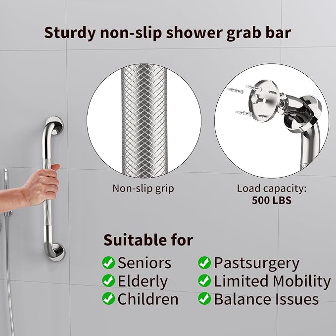 2 Pack 16 Inch Anti Slip Shower Grab Bar Handle, ZUEXT Chrome Stainless Steel Bathroom Grab Bar, Knurled Bathroom Balance Bar,Safety Hand Rail Support,Handicap Elderly Injury Senior Assist Bath Handle